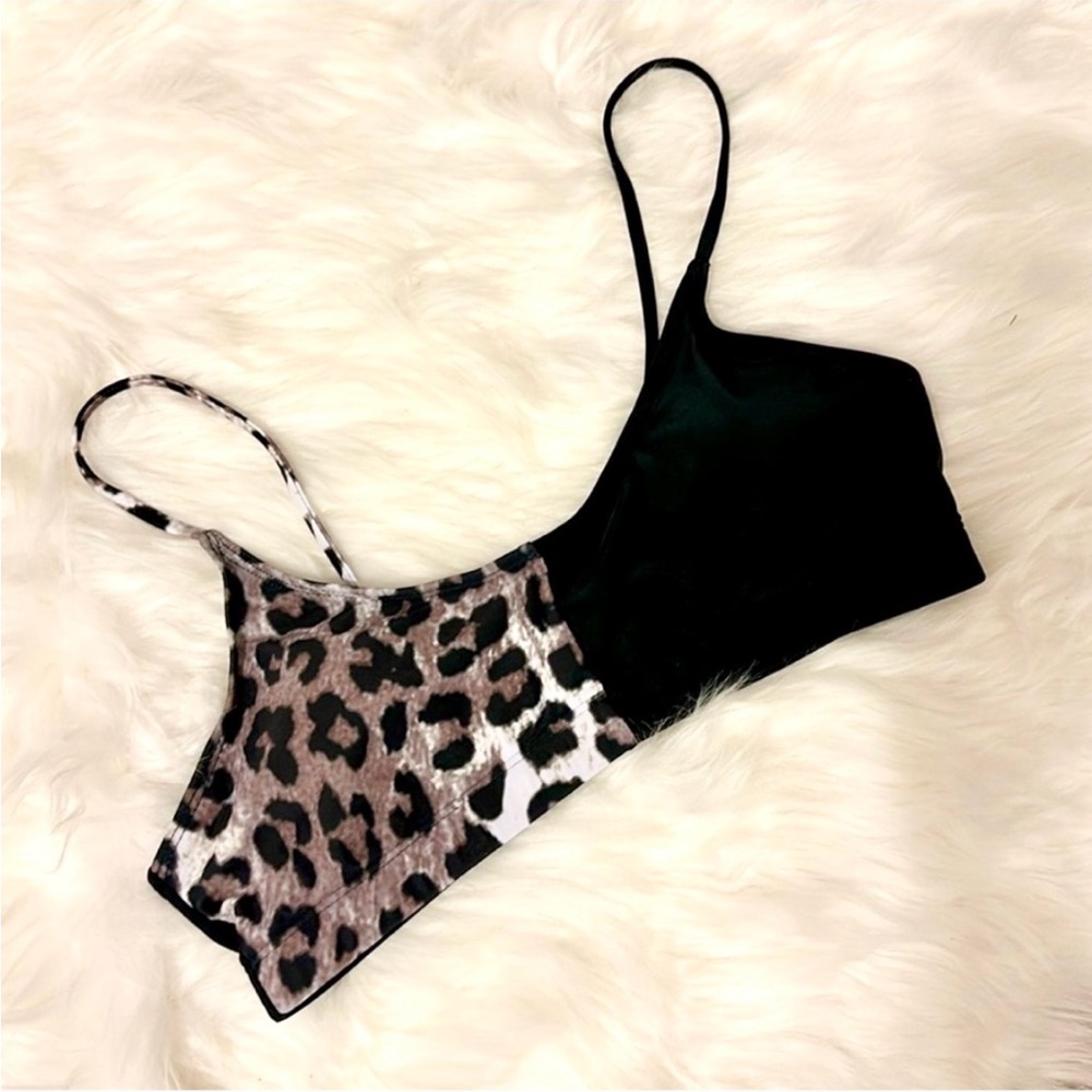 SHEIN Black and Leopard Print Bikini Top